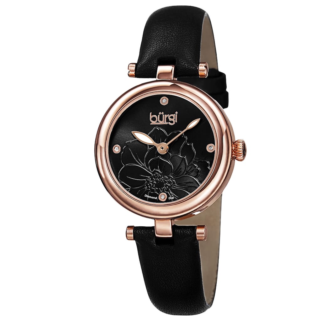 Burgi Women's Quartz Diamond Markers Etched Flower Dial Leather Black Strap Watch