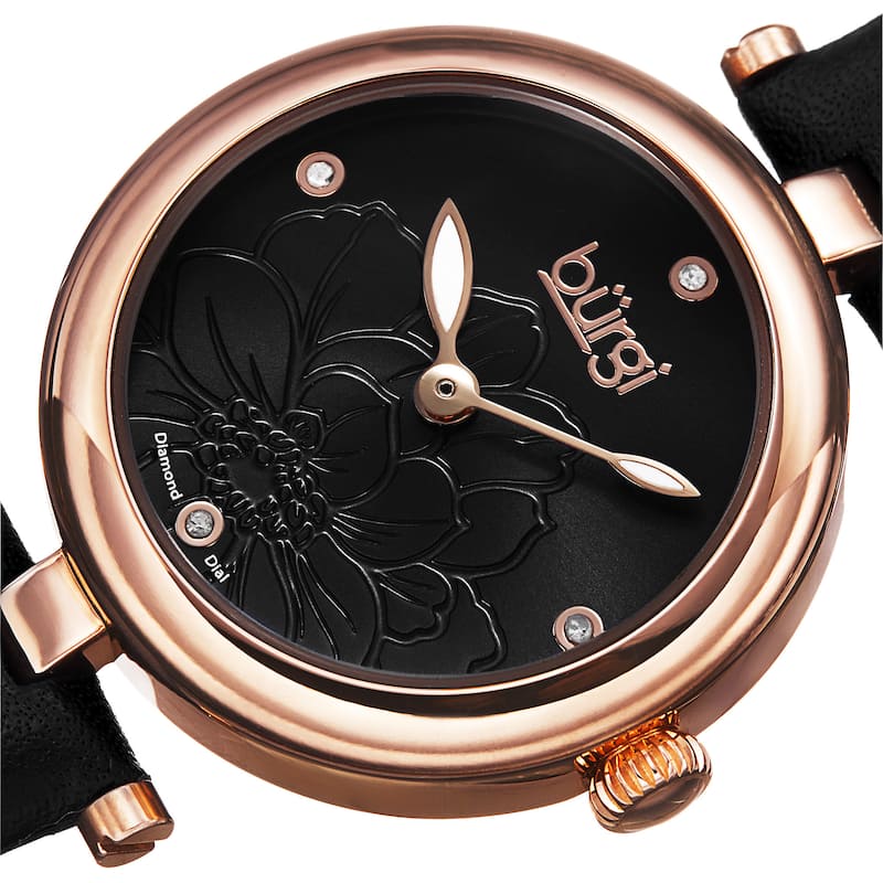 Burgi Women's Quartz Diamond Markers Etched Flower Dial Leather Black Strap Watch
