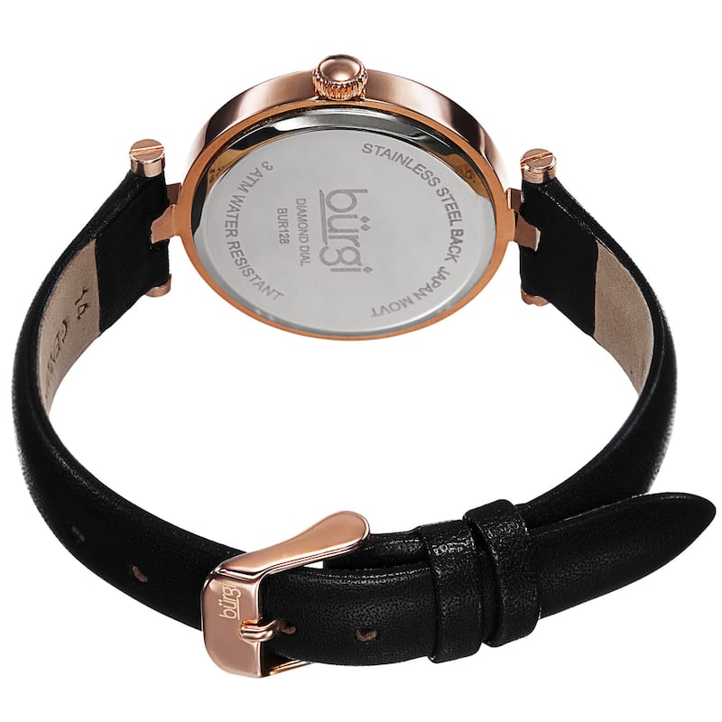 Burgi Women's Quartz Diamond Markers Etched Flower Dial Leather Black Strap Watch
