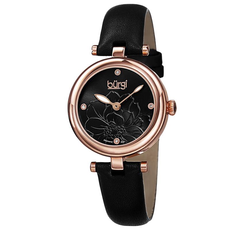 Burgi Women's Quartz Diamond Markers Etched Flower Dial Leather Black Strap Watch