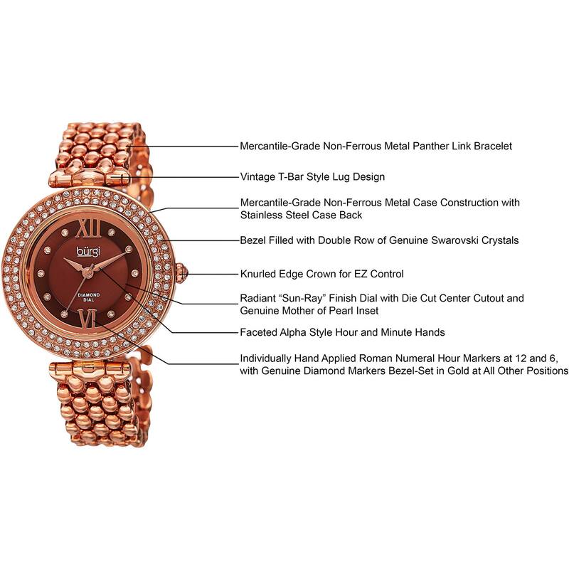 Burgi Women's Swiss Quartz Diamond Markers Alloy Rose-Tone Bracelet Watch