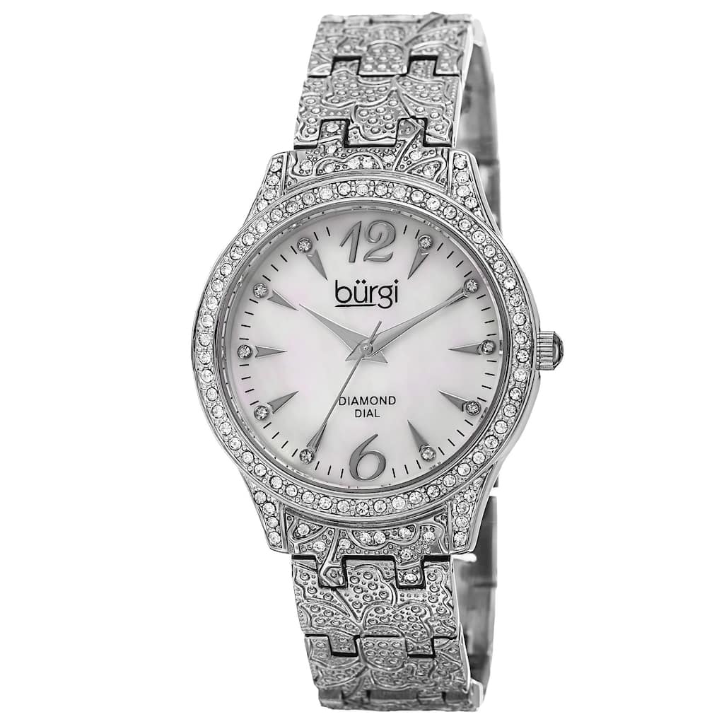 Burgi Women's Diamond Markers Mother of Pearl Quartz Silver-Tone Bracelet Watch