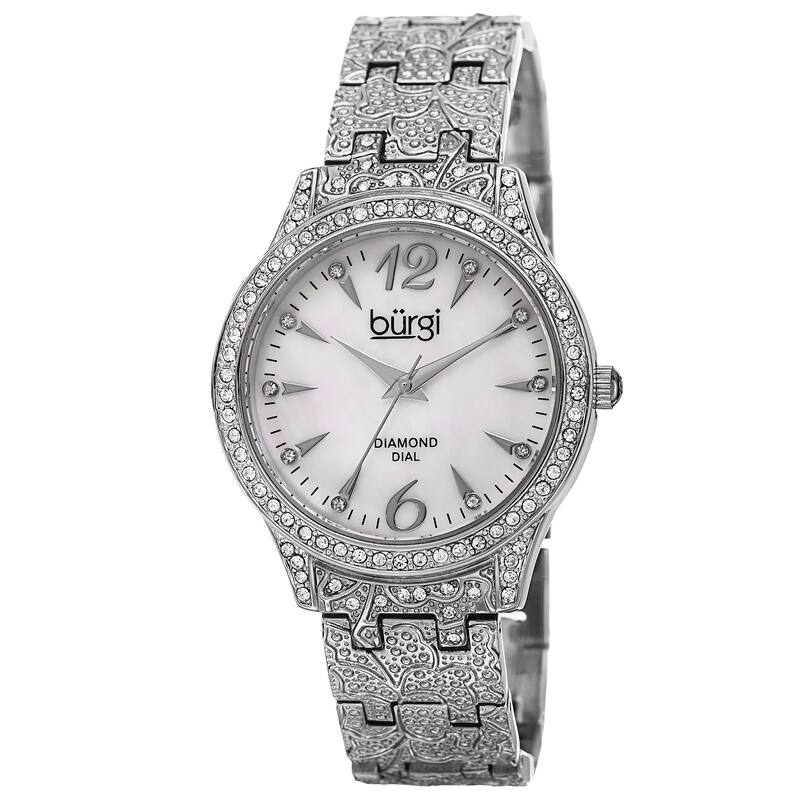 Burgi Women's Diamond Markers Mother of Pearl Quartz Silver-Tone Bracelet Watch