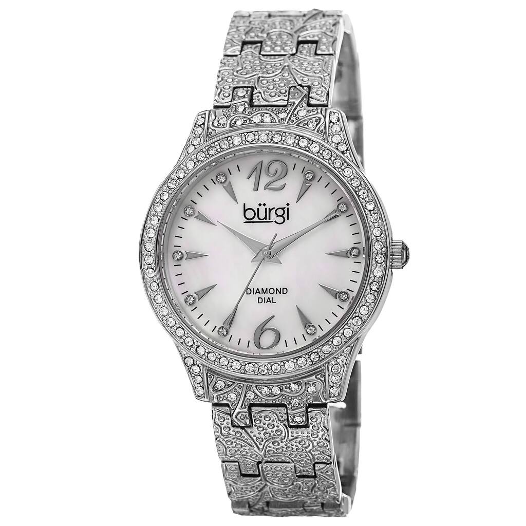 Burgi Women's Diamond Markers Mother of Pearl Quartz Silver-Tone Bracelet Watch