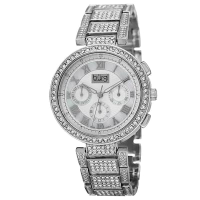 Burgi Women's Swiss Quartz Multifunction Dual-Time Crystal-Accented Silver-Tone Bracelet Watch