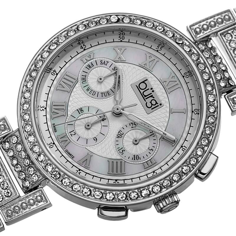 Burgi Women's Swiss Quartz Multifunction Dual-Time Crystal-Accented Silver-Tone Bracelet Watch