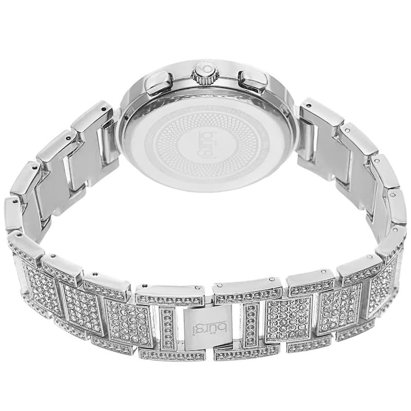 Burgi Women's Swiss Quartz Multifunction Dual-Time Crystal-Accented Silver-Tone Bracelet Watch