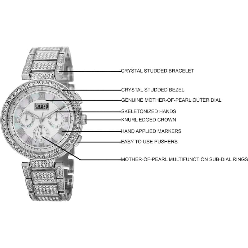 Burgi Women's Swiss Quartz Multifunction Dual-Time Crystal-Accented Silver-Tone Bracelet Watch