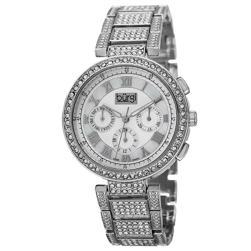 Burgi Women's Swiss Quartz Multifunction Dual-Time Crystal-Accented Silver-Tone Bracelet Watch