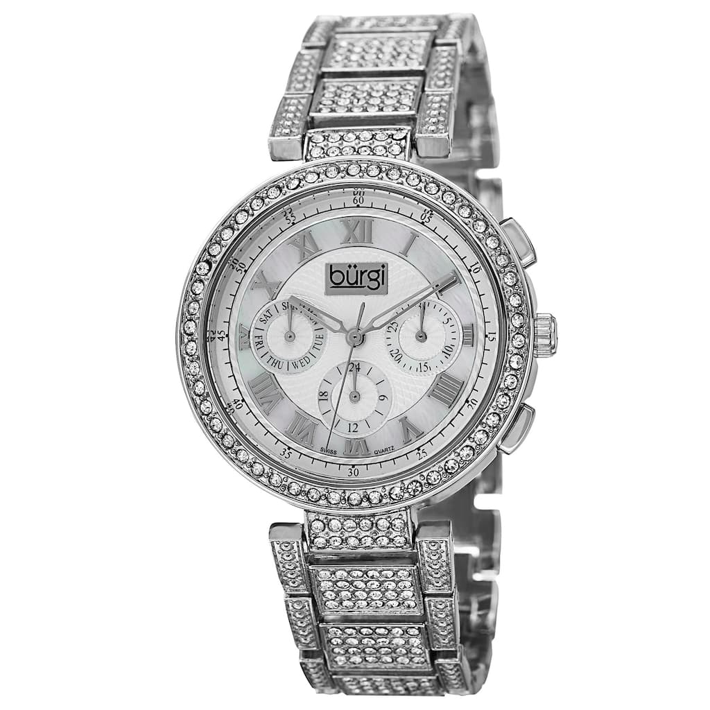 Burgi Women's Swiss Quartz Multifunction Dual-Time Crystal-Accented Silver-Tone Bracelet Watch