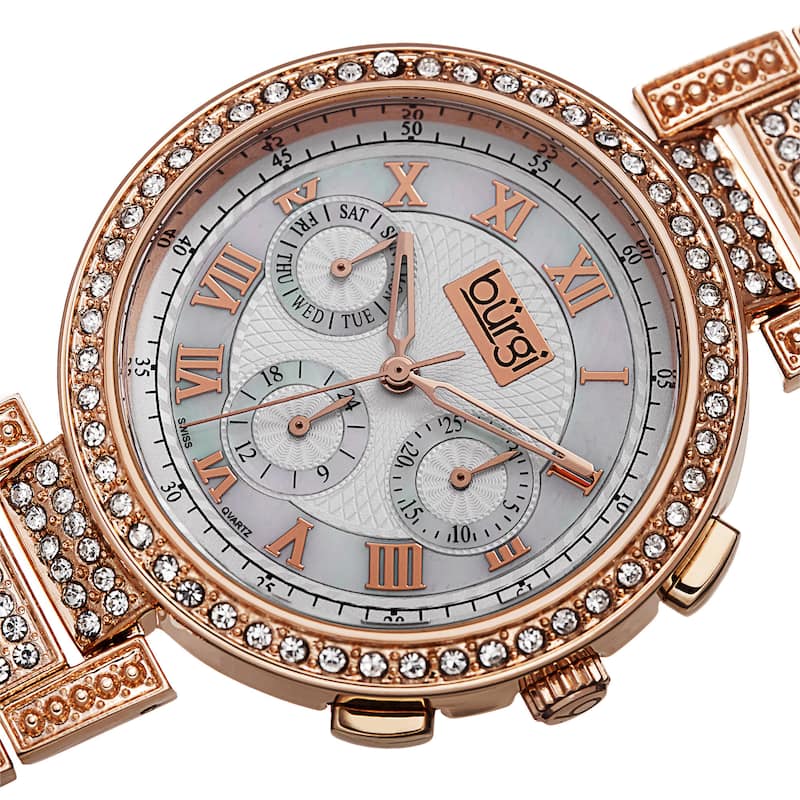 Burgi Women's Swiss Quartz Multifunction Dual-Time Crystal-Accented Rose-Tone Bracelet Watch