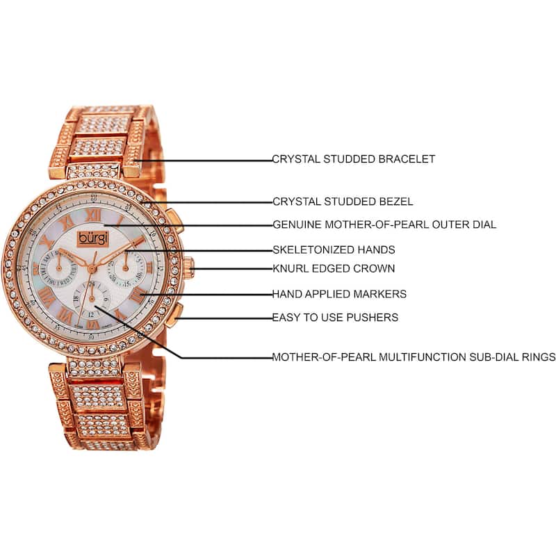 Burgi Women's Swiss Quartz Multifunction Dual-Time Crystal-Accented Rose-Tone Bracelet Watch