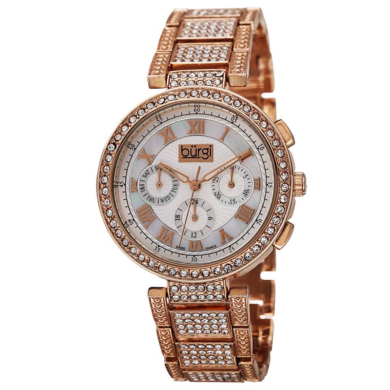 Burgi Women's Swiss Quartz Multifunction Dual-Time Crystal-Accented Rose-Tone Bracelet Watch