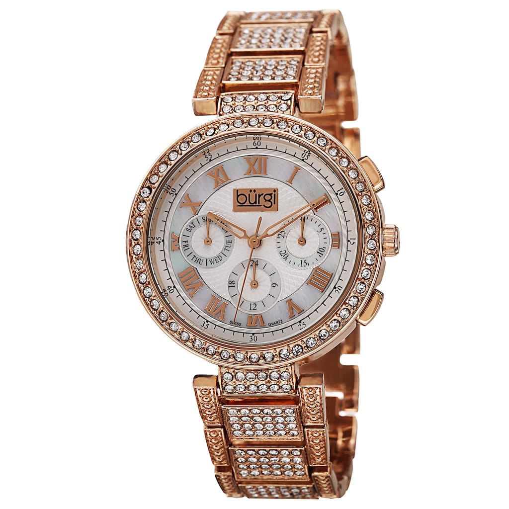 Burgi Women's Swiss Quartz Multifunction Dual-Time Crystal-Accented Rose-Tone Bracelet Watch