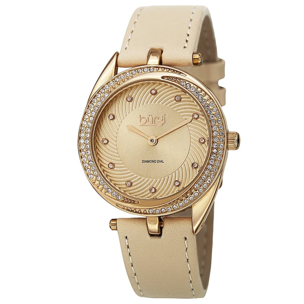 Burgi Women's Quartz Diamond Markers Leather Gold-Tone Strap Watch