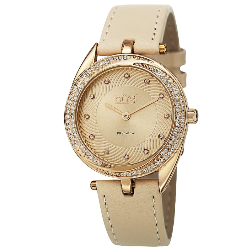 Burgi Women's Quartz Diamond Markers Leather Gold-Tone Strap Watch