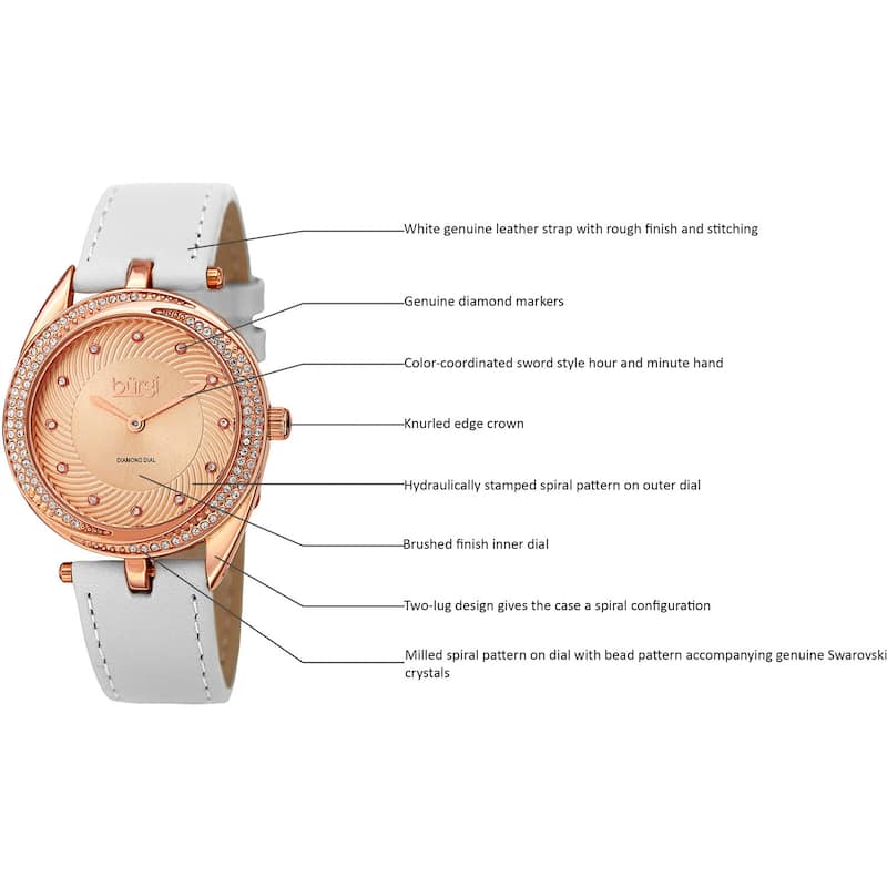 Burgi Women's Quartz Diamond Markers Leather White Strap Watch