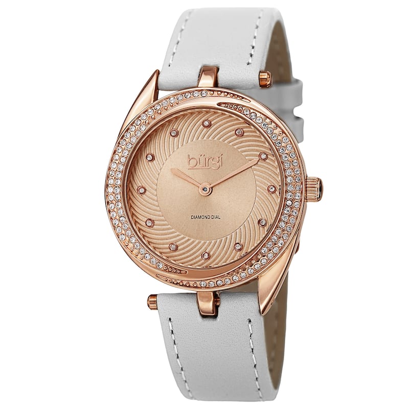 Burgi Women's Quartz Diamond Markers Leather White Strap Watch