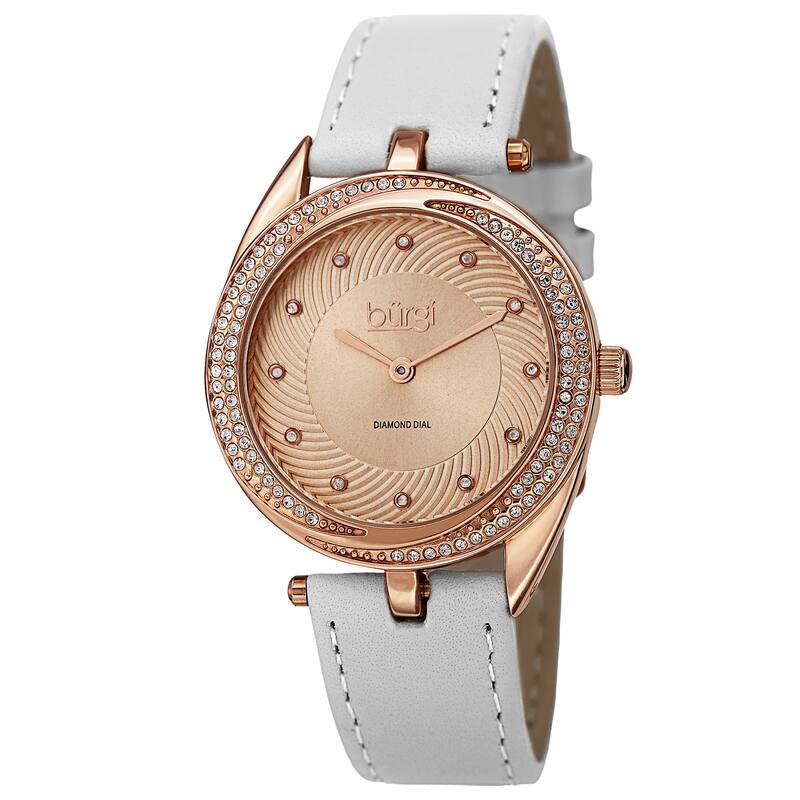 Burgi Women's Quartz Diamond Markers Leather White Strap Watch