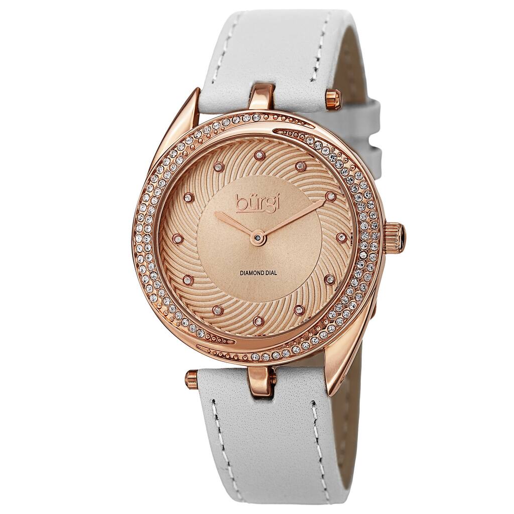 Burgi Women's Quartz Diamond Markers Leather White Strap Watch