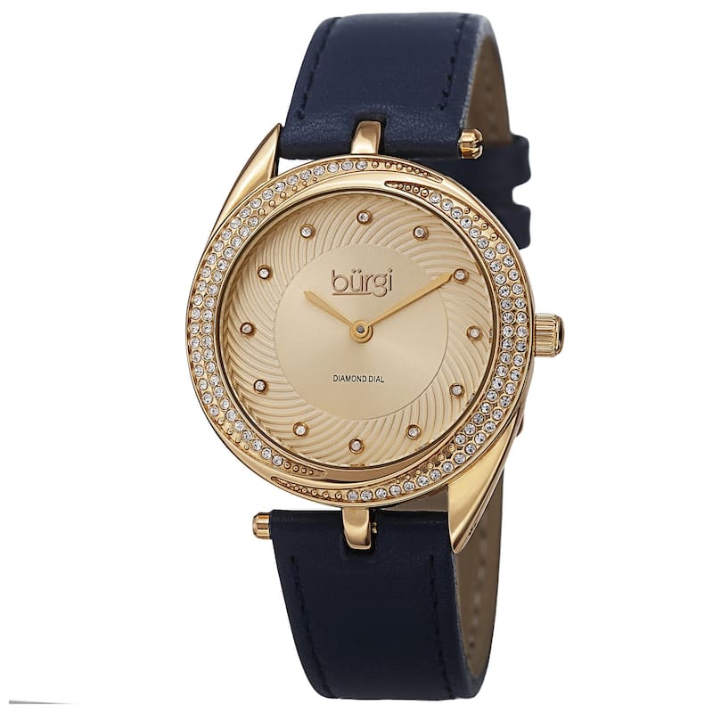 Burgi Women's Quartz Diamond Markers Leather Blue Strap Watch