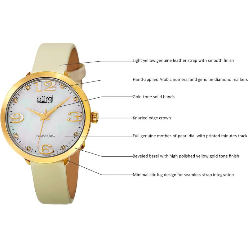 Burgi Classic Women's Quartz Diamond Markers Leather Gold-Tone Strap Watch