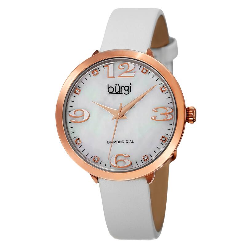 Burgi Classic Women's Quartz Diamond Markers Leather White Strap Watch