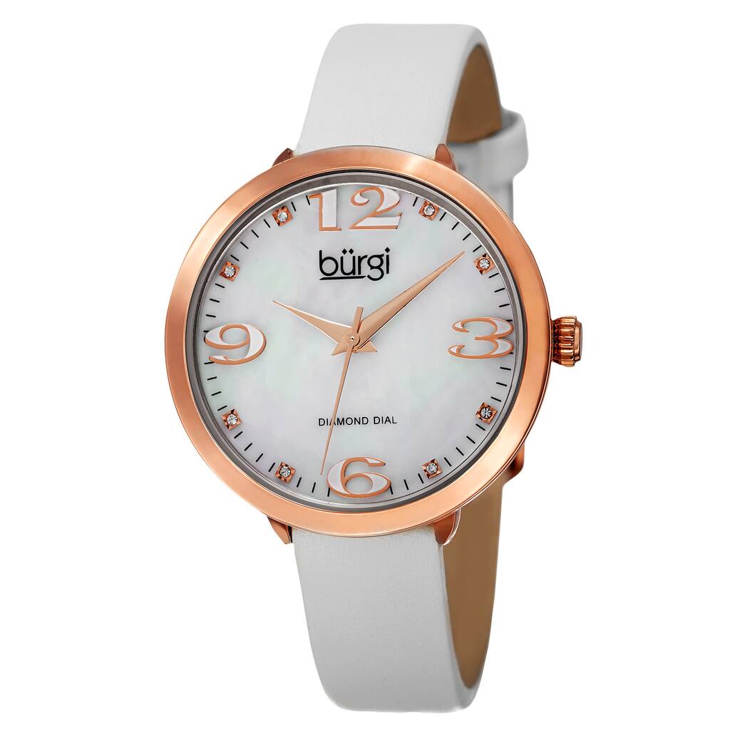 Burgi Classic Women's Quartz Diamond Markers Leather White Strap Watch