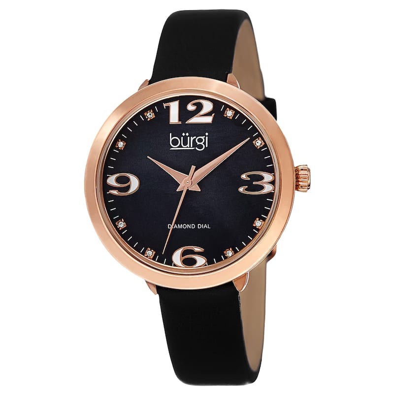 Burgi Classic Women's Quartz Diamond Markers Leather Black Strap Watch