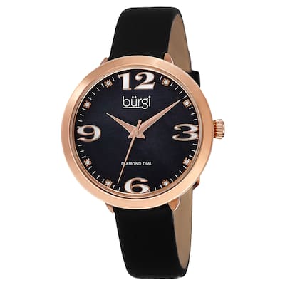 Burgi Classic Women's Quartz Diamond Markers Leather Black Strap Watch