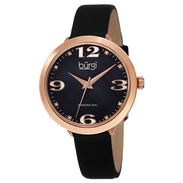 Burgi Classic Women's Quartz Diamond Markers Leather Black Strap Watch ...