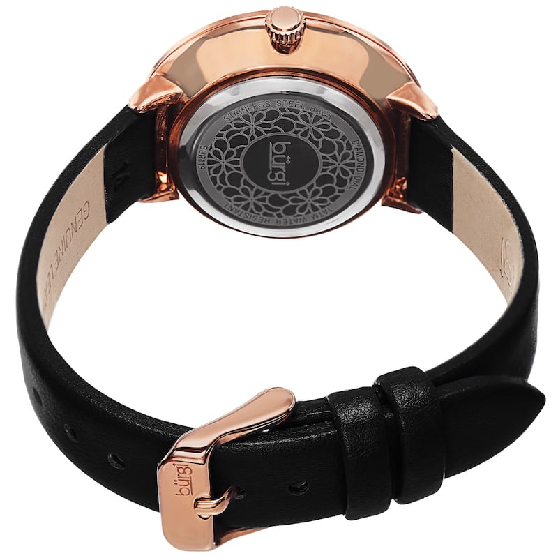 Burgi Classic Women's Quartz Diamond Markers Leather Black Strap Watch