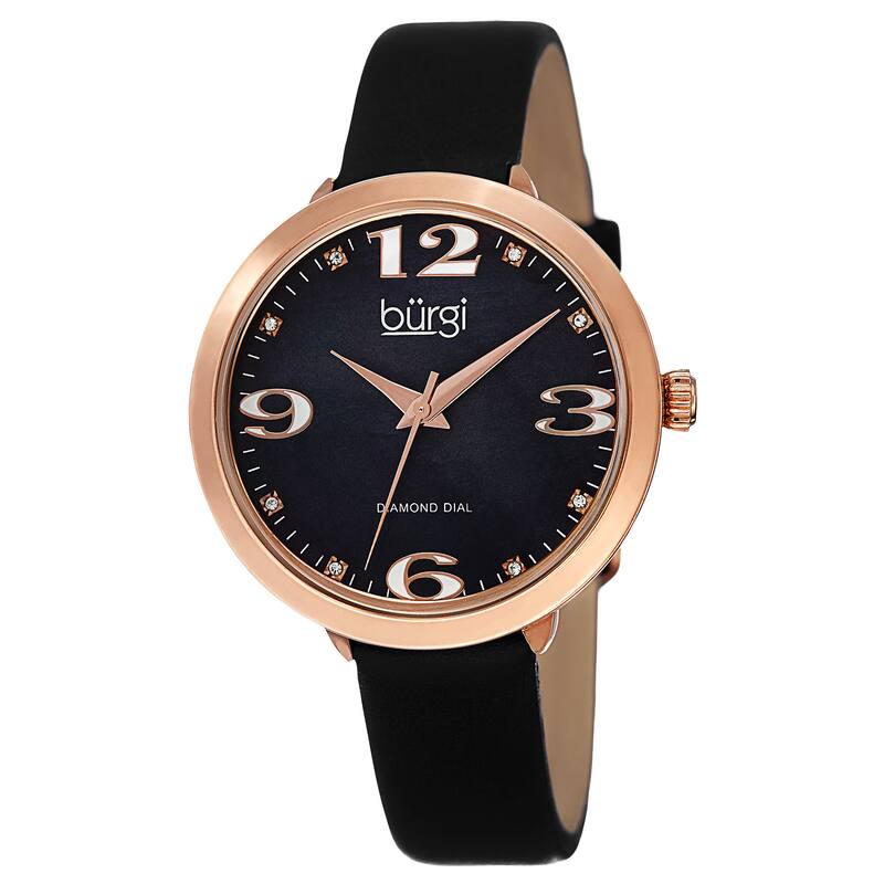Burgi Classic Women's Quartz Diamond Markers Leather Black Strap Watch