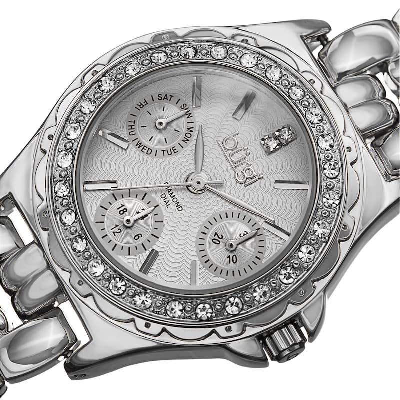 Burgi Women's Quartz Diamond Marker Multifunction Alloy Silver-Tone Bracelet Watch