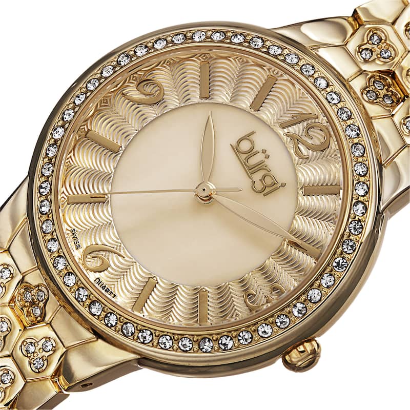 Burgi Women's Swiss Quartz Crystal-Accented Brass Gold-Tone Bracelet Watch