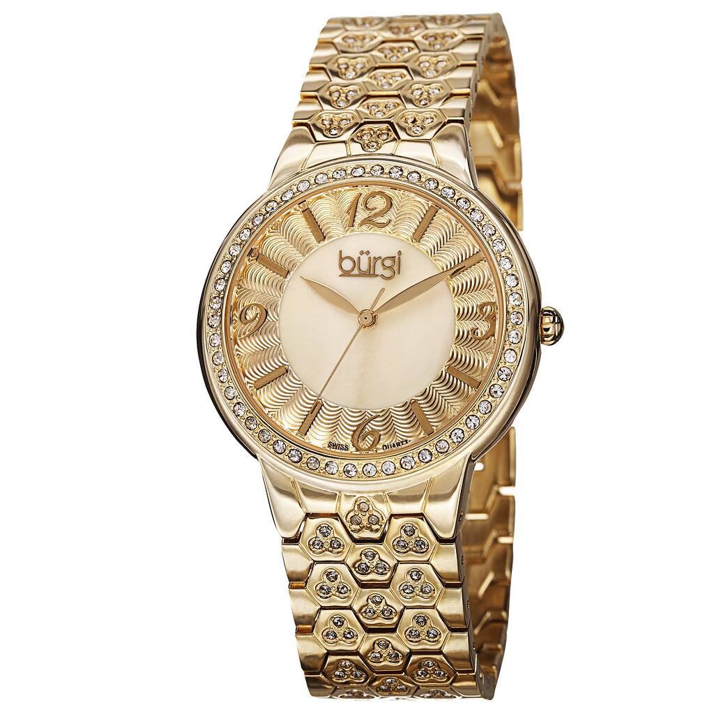 Burgi Women's Swiss Quartz Crystal-Accented Brass Gold-Tone Bracelet Watch