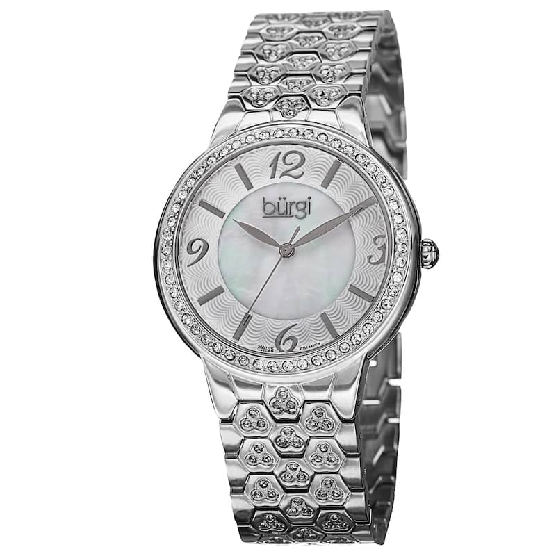 Burgi Women's Swiss Quartz Crystal-Accented Brass Silver-Tone Bracelet Watch