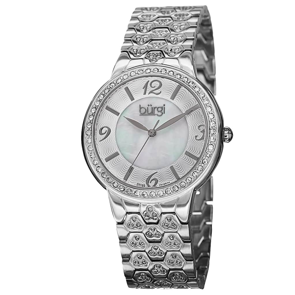 Burgi Women's Swiss Quartz Crystal-Accented Brass Silver-Tone Bracelet Watch