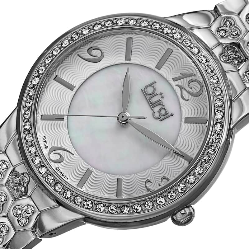 Burgi Women's Swiss Quartz Crystal-Accented Brass Silver-Tone Bracelet Watch