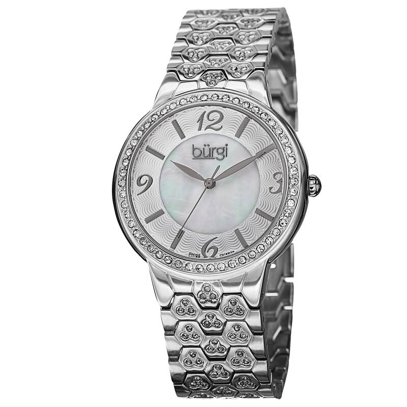 Burgi Women's Swiss Quartz Crystal-Accented Brass Silver-Tone Bracelet Watch
