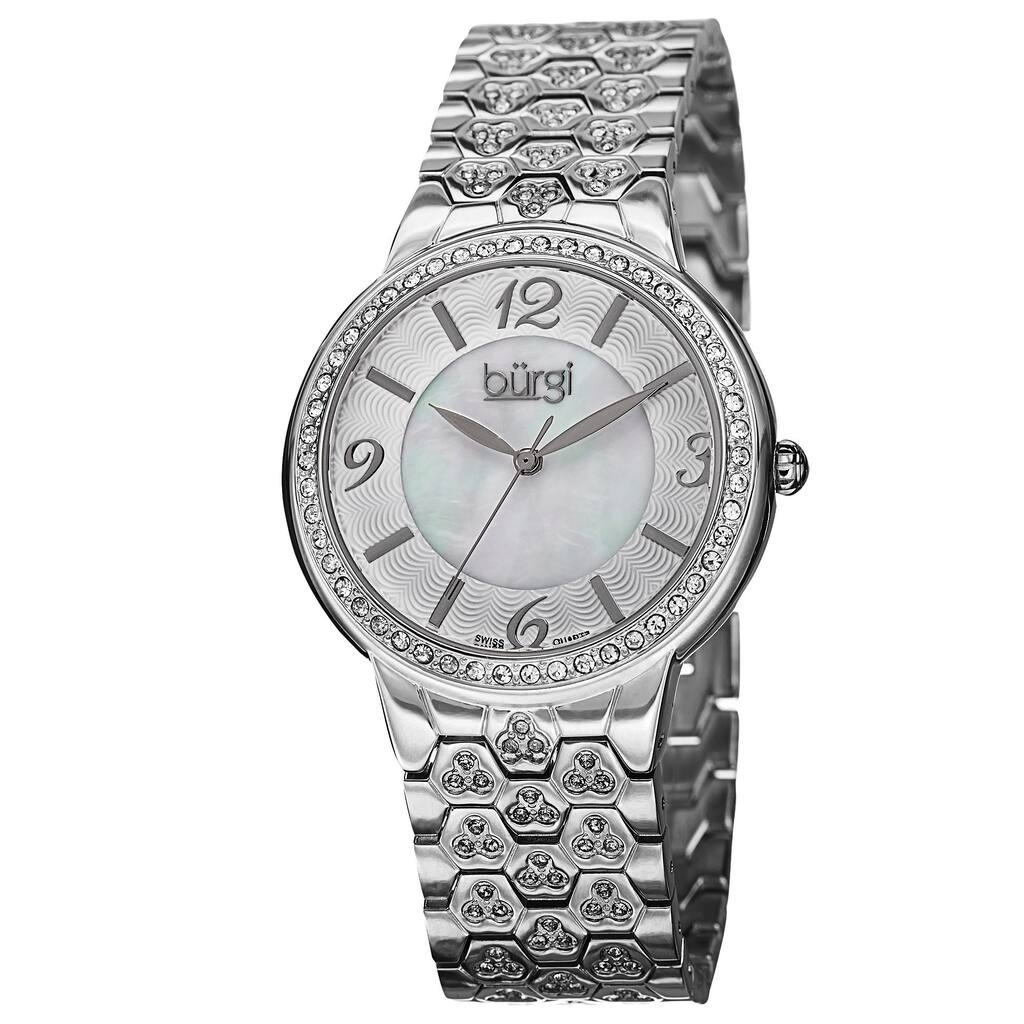 Burgi Women's Swiss Quartz Crystal-Accented Brass Silver-Tone Bracelet Watch