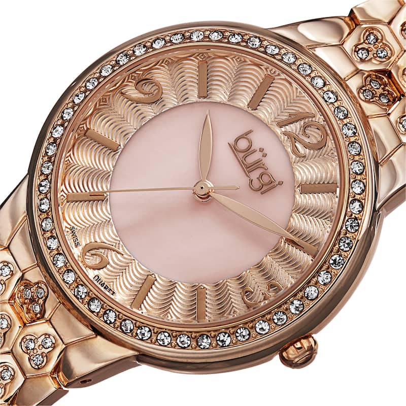 Burgi Women's Swiss Quartz Crystal-Accented Brass Rose-Tone Bracelet Watch