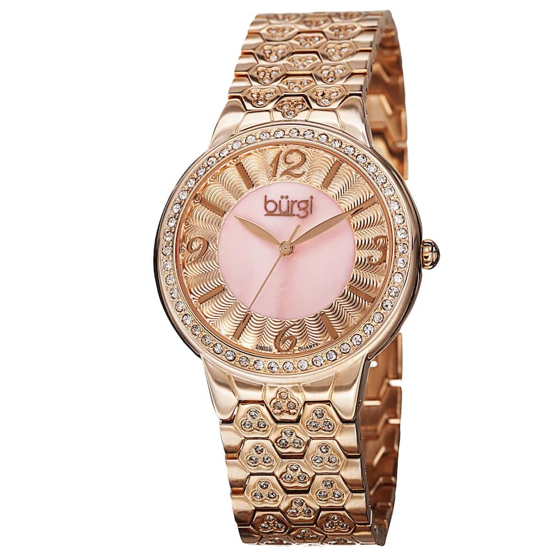 Burgi Women's Swiss Quartz Crystal-Accented Brass Rose-Tone Bracelet Watch
