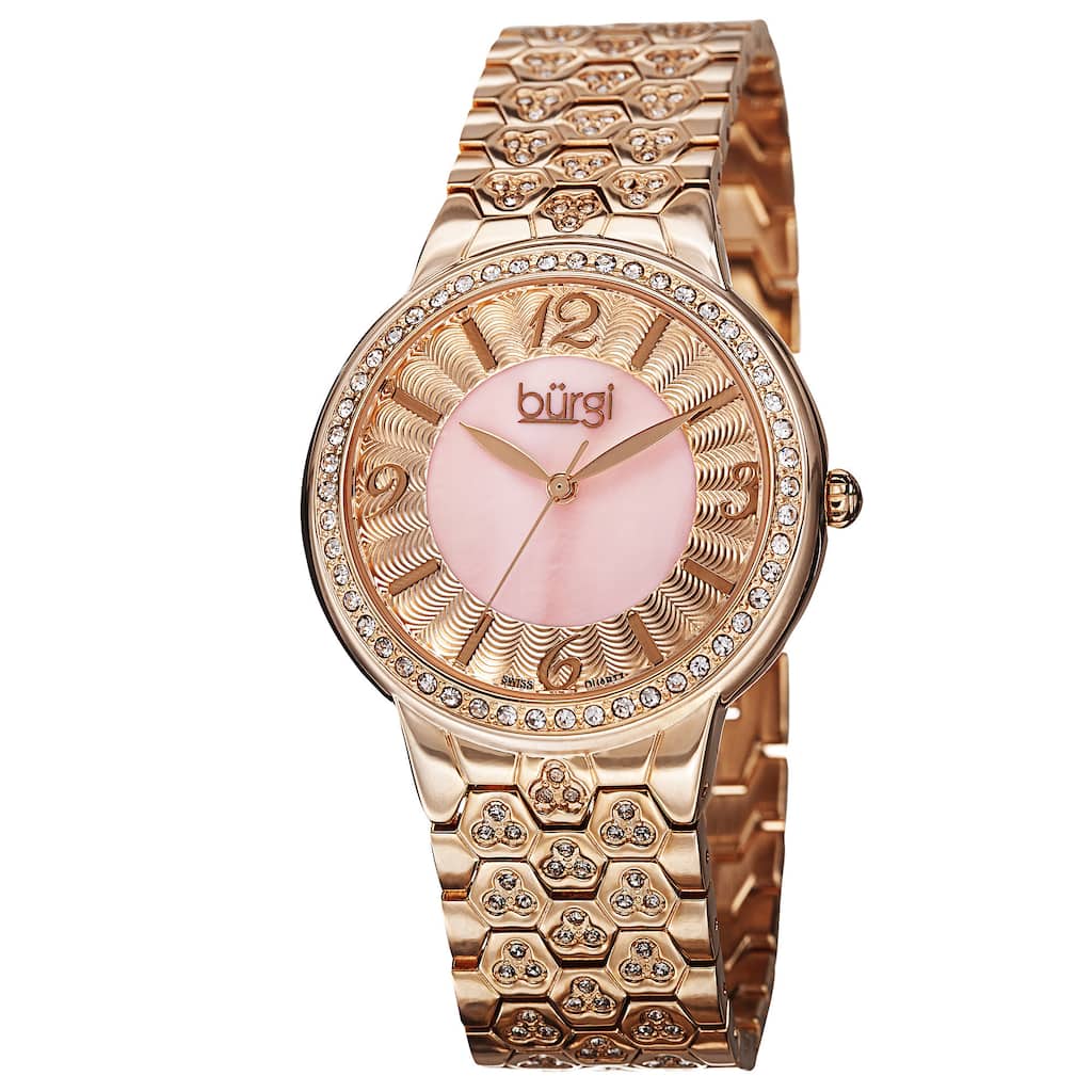 Burgi Women's Swiss Quartz Crystal-Accented Brass Rose-Tone Bracelet Watch