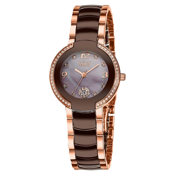 Burgi Women's Mother of Pearl Dial Diamond Markers Ceramic Rose-Tone Bracelet Watch