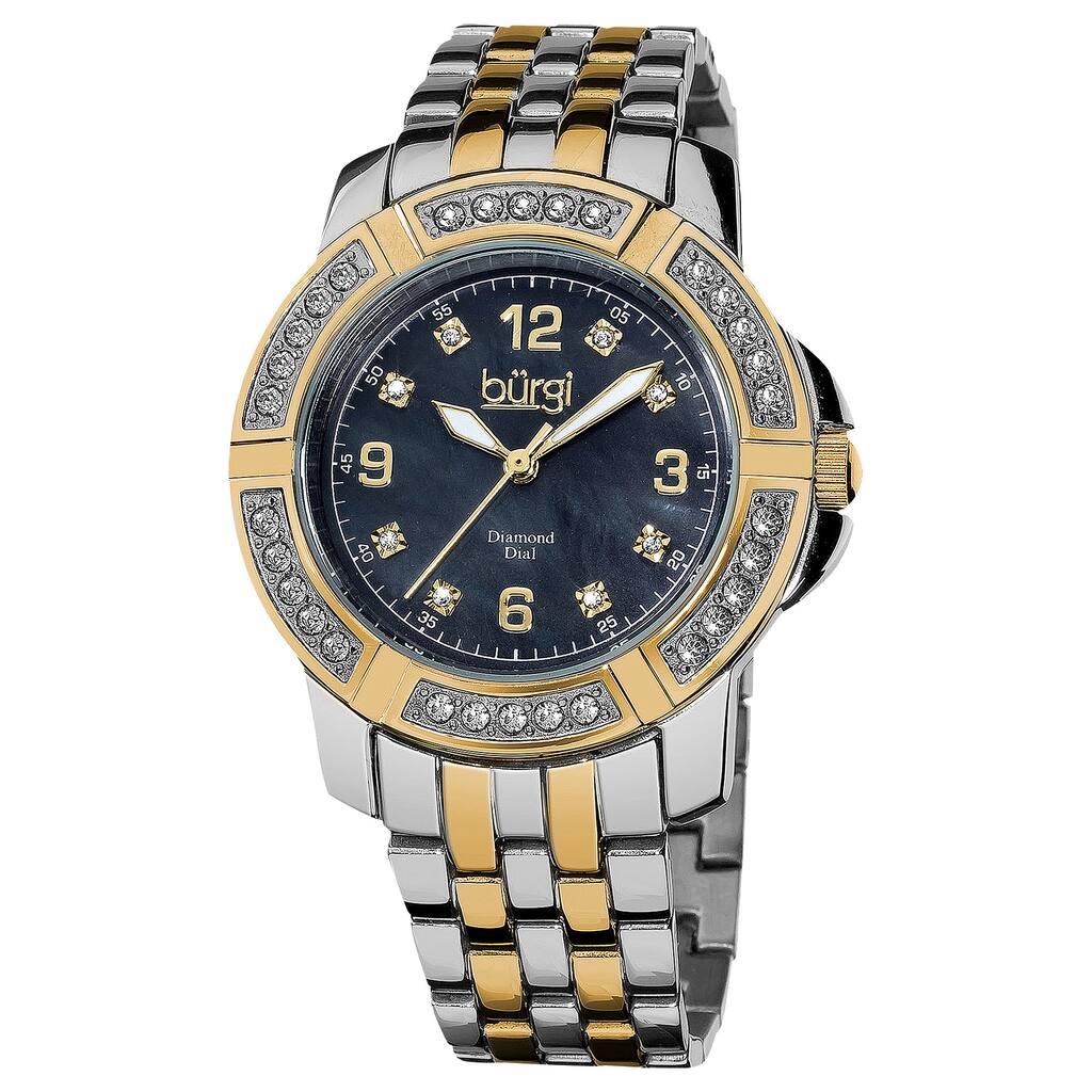 Burgi Women's Swiss Quartz Diamond Markers Stainless Steel Two-Tone Bracelet Watch - gold/silver/black