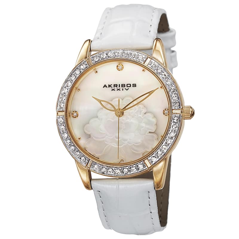 Akribos XXIV Women's Quartz Mother of Pearl Dial Leather Gold-Tone Strap Watch