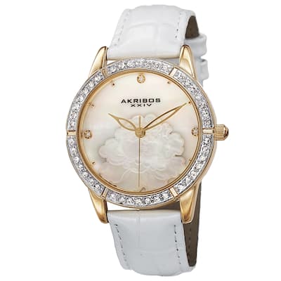 Akribos XXIV Women's Quartz Mother of Pearl Dial Leather Gold-Tone Strap Watch