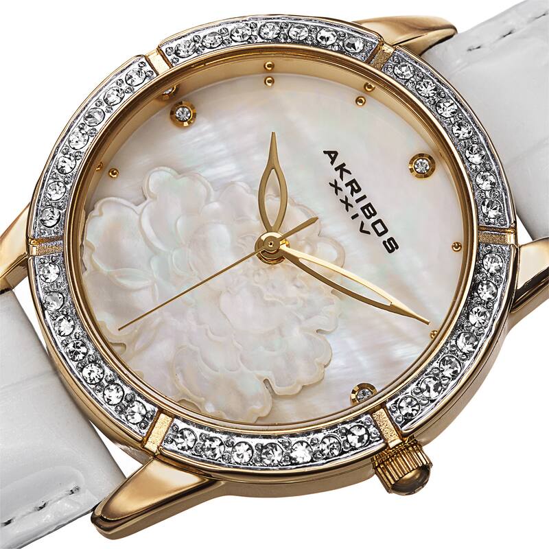 Akribos XXIV Women's Quartz Mother of Pearl Dial Leather Gold-Tone Strap Watch