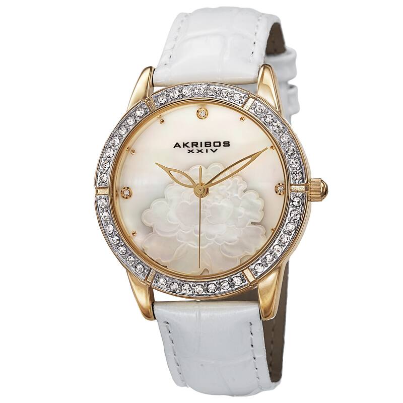 Akribos XXIV Women's Quartz Mother of Pearl Dial Leather Gold-Tone Strap Watch